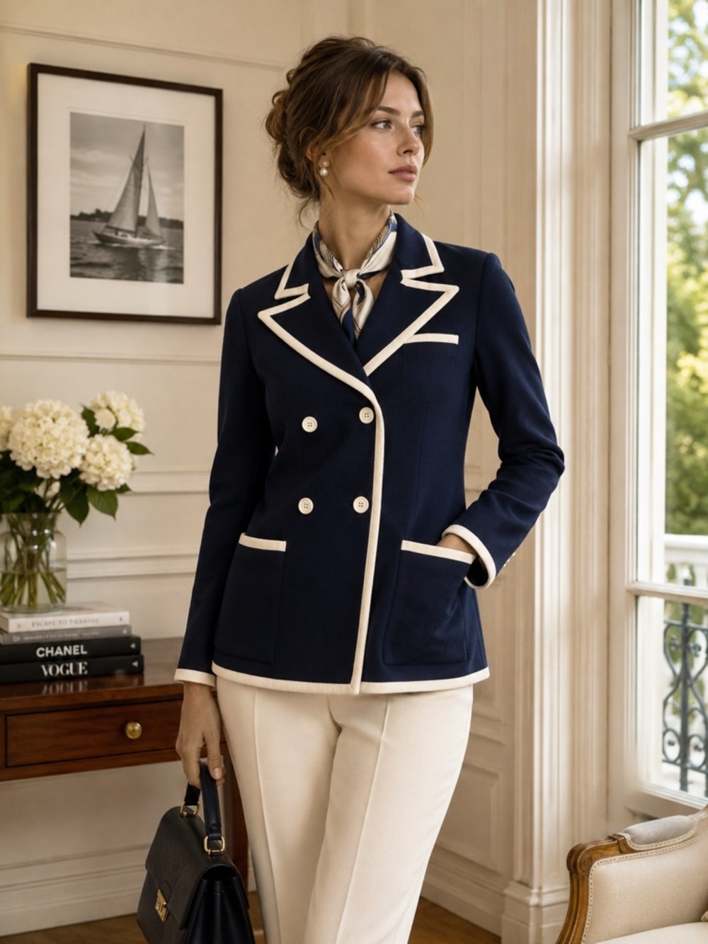 Vintage 60s Butte Knit Navy Ivory Blazer Wool Blend Mod Nautical Jacket Small